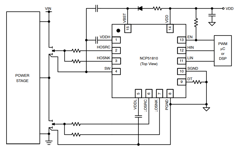 Schéma du circuit d'application - onsemi Pilote de grille NCP51810